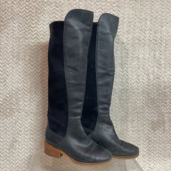 Lucky Brand Tilaree Womens Black Leather Suede Slip On Tall Boots Size 6.5 - Picture 1 of 11